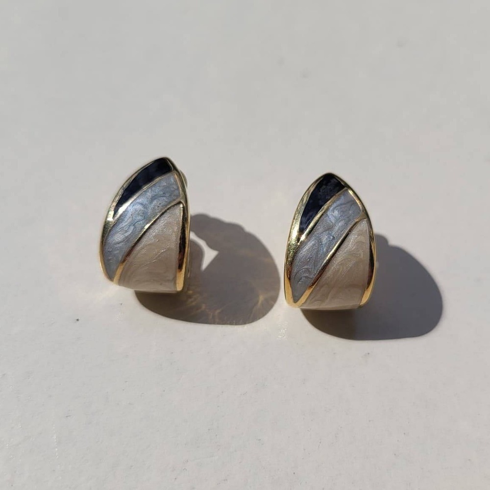 Vintage 80'S J-Hoop Earrings Gold Cream Grey Black Enamel Tri-Color